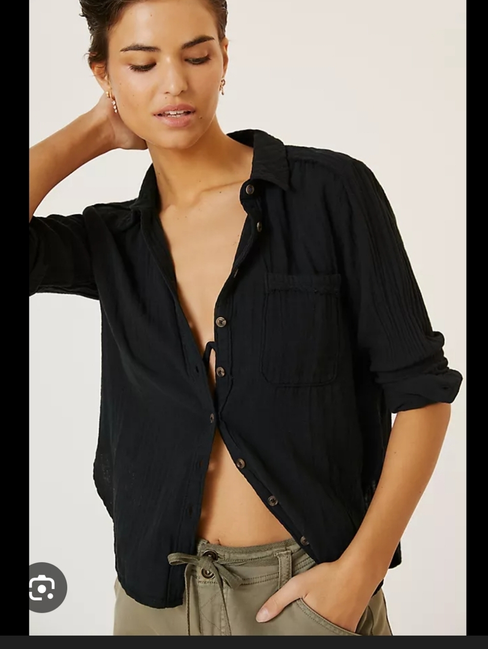 PILCRO Gauzy Black Button Down Cotton Shirt Sz L Lightweight Flowy Resort Wear
